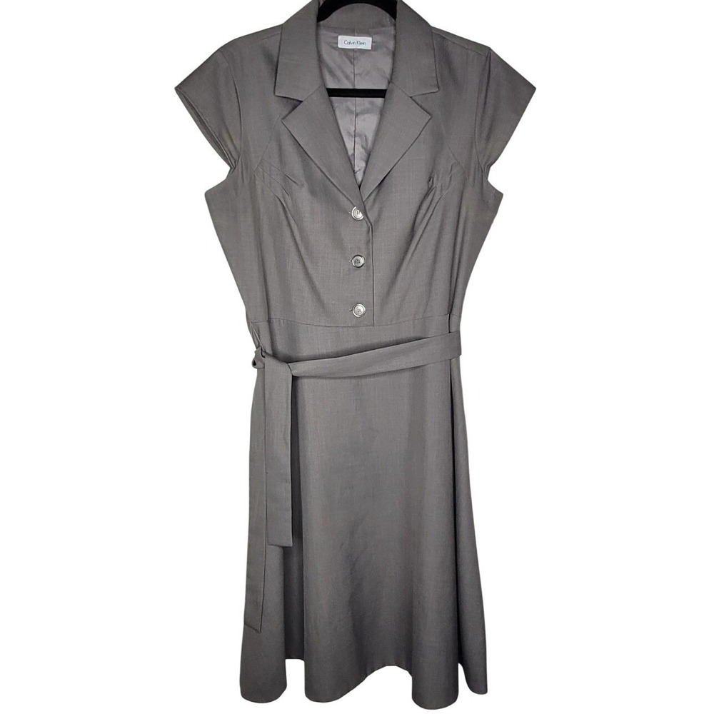 Calvin‎ Klein M-L Gray A-Line Melange Suiting Dress Belted Collared Notch Lapel
